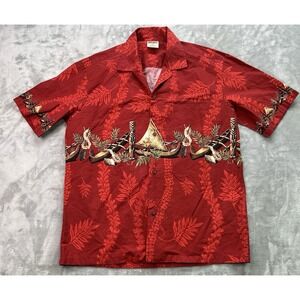 Winnie Fashion Shirt Men XL Red Hawaiian Aloha  Floral Canoe Ma'a Tiki Conch Dad